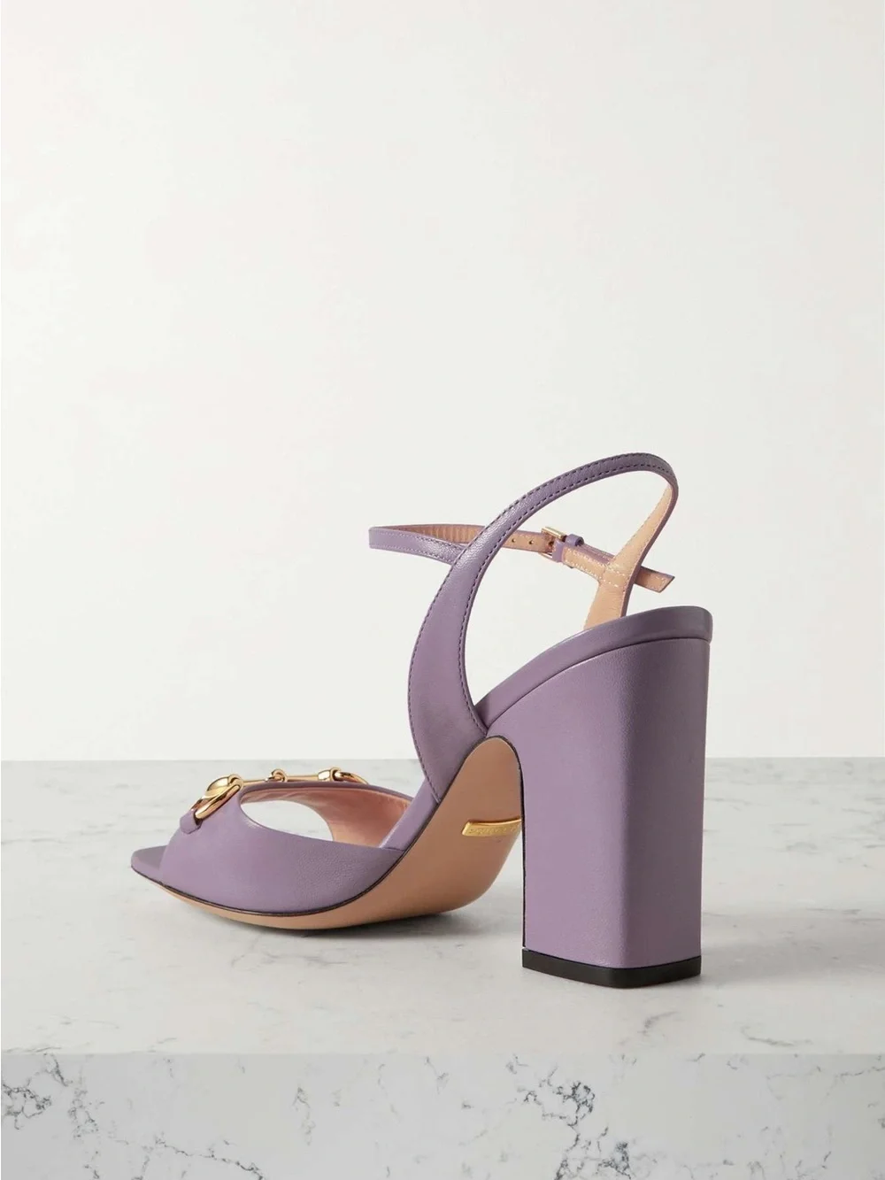 Gucci horsebit Lilac Leather Block Heel Sandals with Gold Hardware. Full inclus!